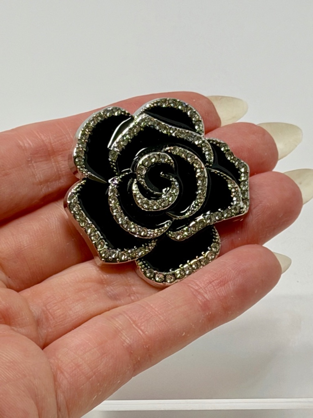 Black Enamel Flower Rhinestone Accent Brooch Silver-tone - Picture 3 of 3